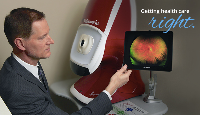Dr. Todd Shuba, an optometrist at the Visionworks location in the Highmark Health headquarters building in Pittsburgh, demonstrates the Optomap