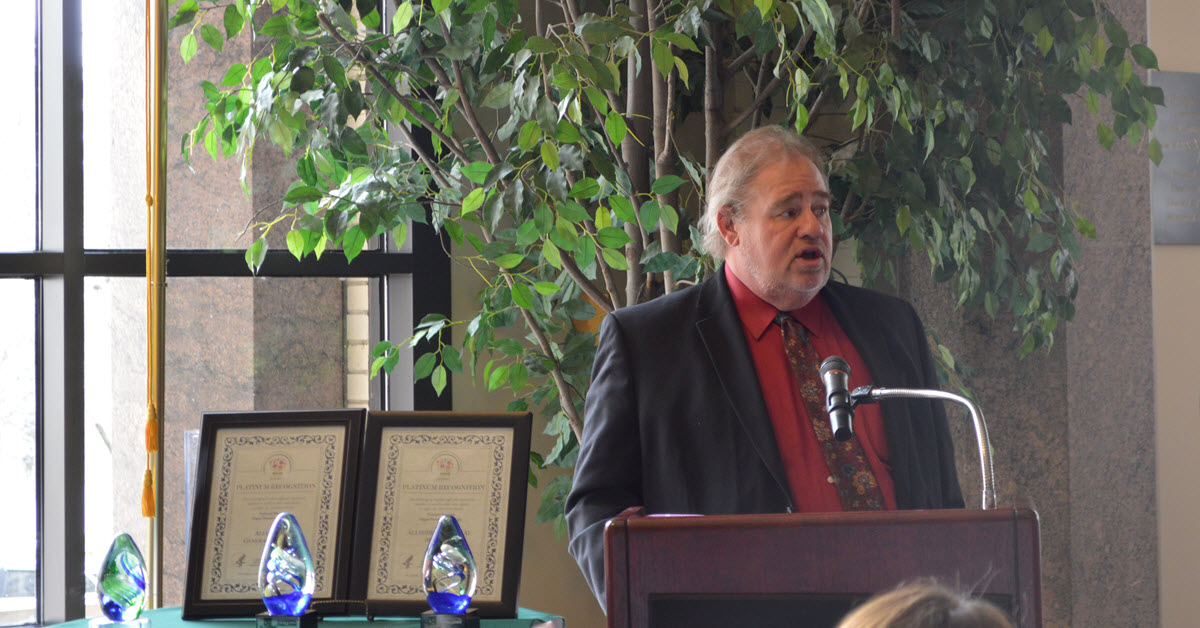 Kidney transplant recipient Jerry Jacovetty speaks at a Donate Life Month event in 2018 at Allegheny General Hospital