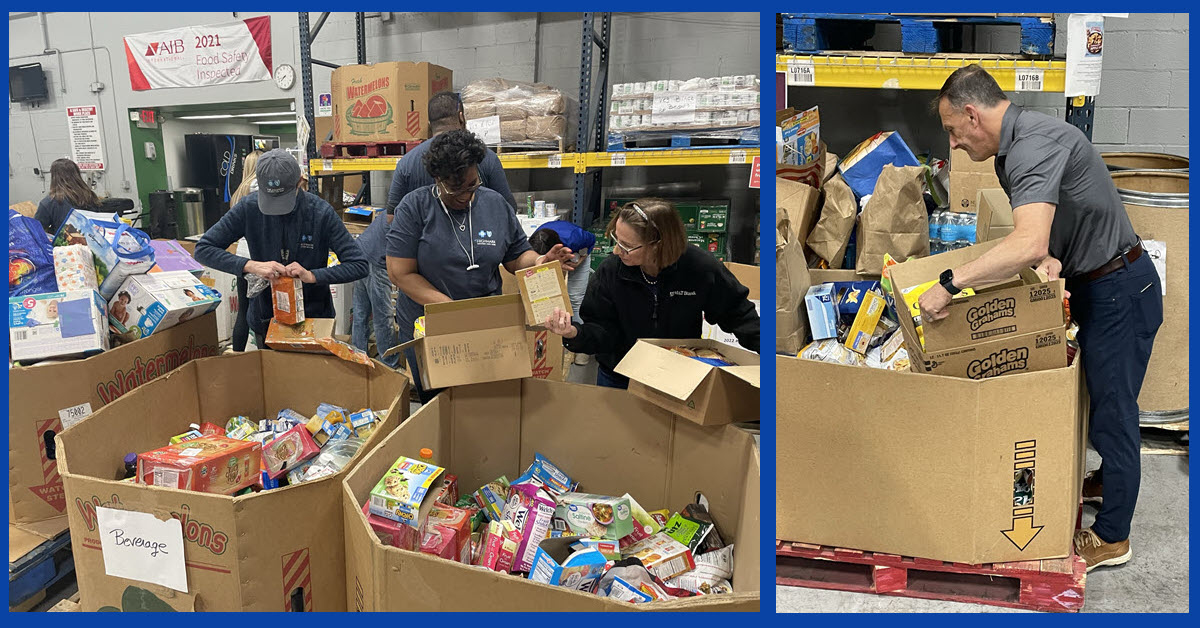 Team members unload and organize donated goods with FeedMore WNY. At right is Dr. Mike Edbauer, president of Highmark Western and Northeastern New York Inc.