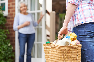 Woman delivering food to elderly woman