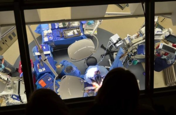 View from the observation room showing multiple members of the surgery team at work