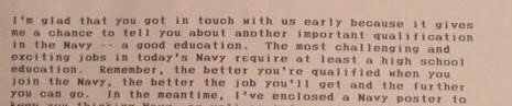 A portion of the letter sent to 13-year-old Walter Rosado after he tried to enlist. Taking the advice to heart, he not only completed high school but also earned bachelor’s, master’s and Ph.D. degrees!